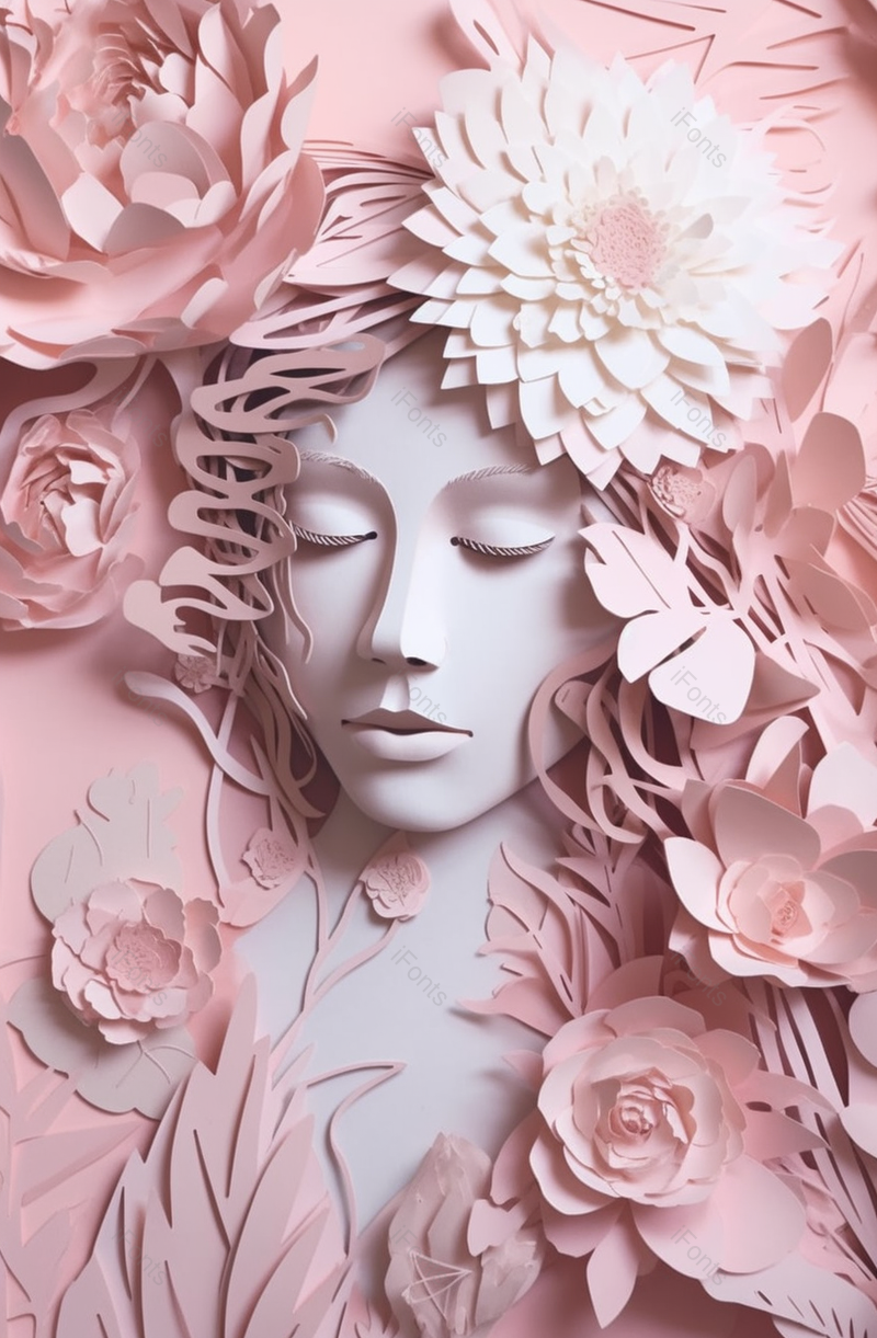 头戴花朵女子头像剪纸风场景,插画/手绘图,插画/手绘图库,插画/手绘图下载,插画/手绘